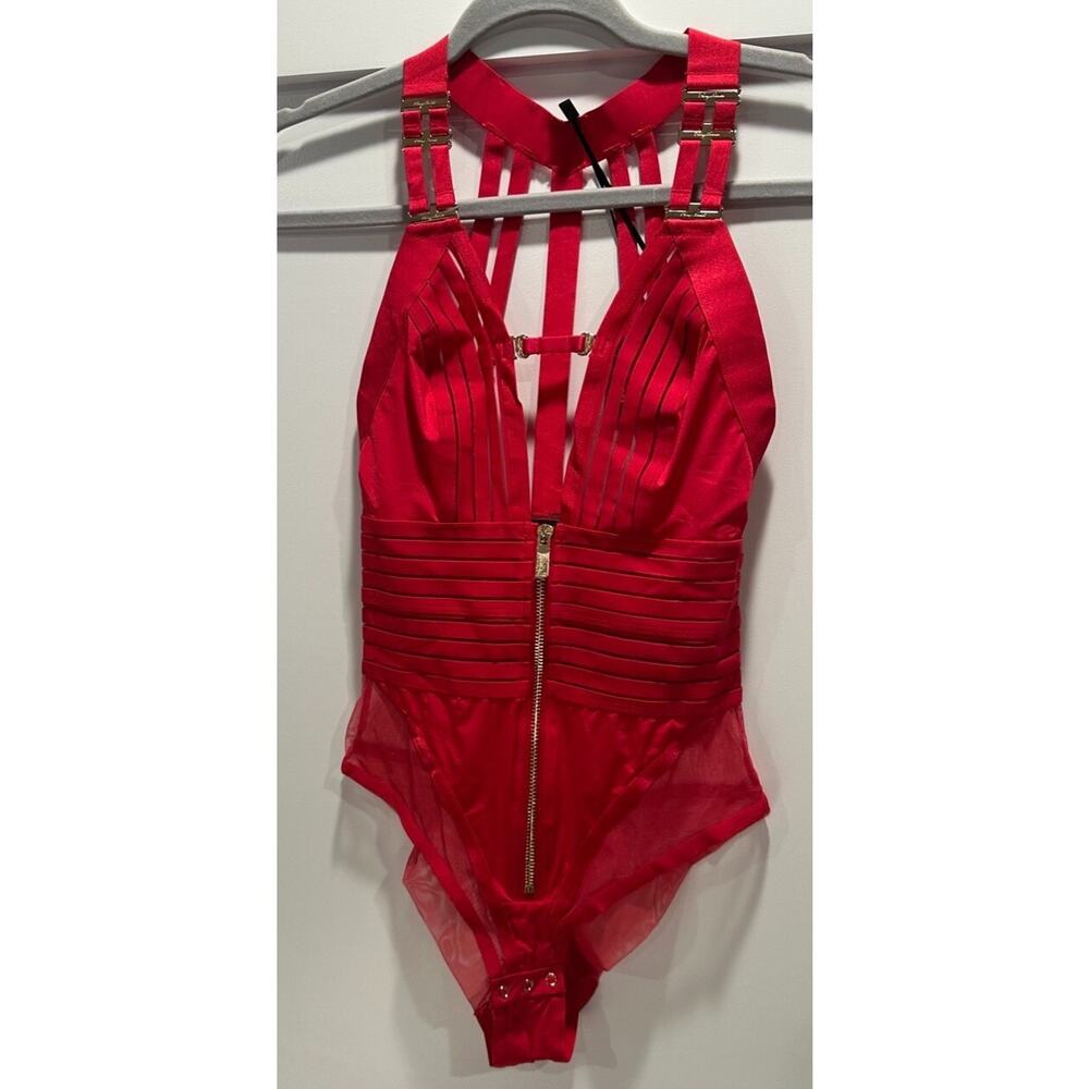 Honey Birdette LINDA C❤️ Raspberry Red Striped Bodysuit XS - Picture 3 of 6